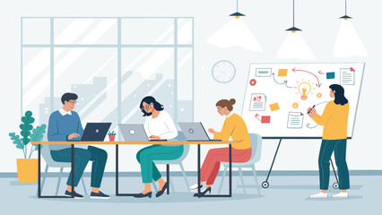 Diverse team collaborating in a bright modern office. Colleagues work on laptops while one person brainstorms innovative ideas on a whiteboard, showcasing teamwork and productivity.