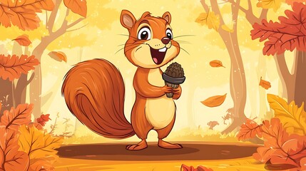 Squirrel holding acorn autumn forest scene