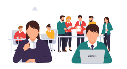 Diverse team of professionals working together in a vibrant office space. Illustrates collaboration, project management, and daily corporate life.