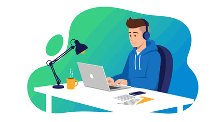 Young man in headphones focused on his laptop, working or studying remotely at a desk with coffee and documents, depicting modern productivity and lifestyle.