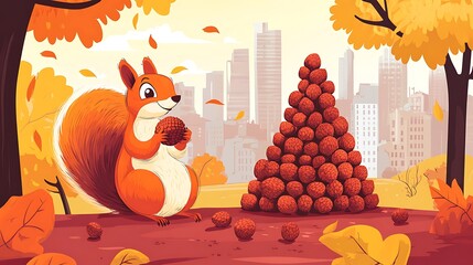 Squirrel holding acorn autumn park illustration