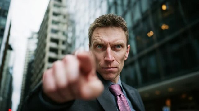 Focused Determination: A sharp focus image captures a professional pointing directly, embodying assertiveness and precision against a cityscape backdrop. 