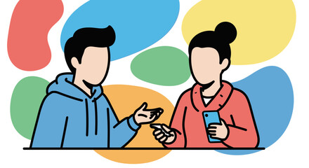 Modern illustration of two individuals communicating and sharing information or media via a smartphone. Concept for digital interaction, social media, and technology.