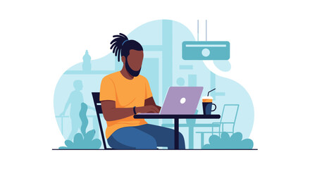 Focused Black man working on a laptop at an outdoor cafe, enjoying a drink. Illustrates modern remote work, digital nomad lifestyle, and productivity.