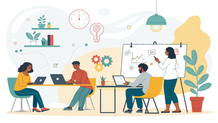 Diverse business team collaborating in a modern office, using laptops and a whiteboard for project planning and creative brainstorming.