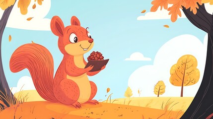 Squirrel holding nut autumn illustration