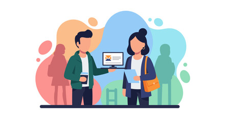 Two individuals exchanging information digitally in a dynamic modern environment. Represents online communication, networking, remote work, and business interaction.