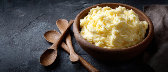 Creamy mashed potatoes in wooden bowl with spoons on dark background