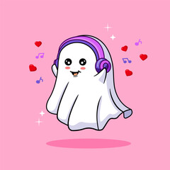 Cute Ghost Listening to Music with Headphones Vector Illustration Halloween Theme