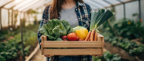 The woman holding a wooden basket filled with fresh vegetables in a greenhouse.
