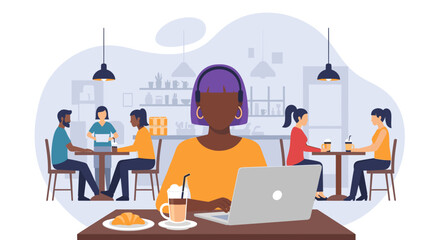 Focused young woman in headphones working remotely on her laptop at a busy cafe, enjoying coffee and a croissant. Represents modern flexible work, freelance, and a productive lifestyle.