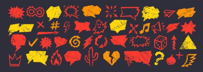 Crayon talk speech bubble and crayon text box with doodle chalk balloon drawn in vivid grunge vector colors. Crayon talk elements include arrows, signs, hearts, stars and comic sketch icons.