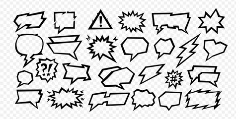 A manga speech balloon shows a comic text inside a talk box with a sharp frame vector outline. Manga speech collection includes cartoon bubbles, dialog elements and chat icons for background use.