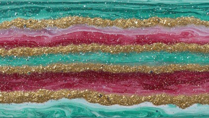 Abstract design with teal, pink, and red stripes, embellished with gold glitter.