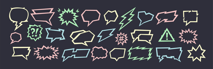 A comic conversation bubble appears as a speech frame where the line and talk icon shape the vector set. Comic conversation elements show doodle chat boxes and cartoon outline balloons for bg design.
