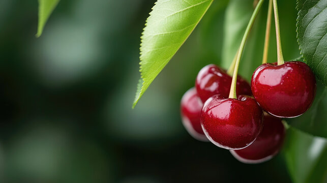 Close-up of ripe red cherries glistening in sunlight on a tree branch, surrounded by lush green leaves and a softly blurred natural background