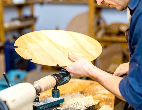 Woodworker shaping a round wooden plank on a lathe