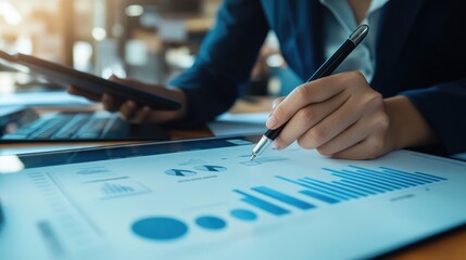 Close up, businesswoman hand using stylus pen signing on digital tablet via mobile app on office table. Graphic designer working on graphic tablet, drawing by using electronic pen
