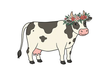 Cute Cartoon Cow with Flower Crown Illustration png, isolated on transparent background