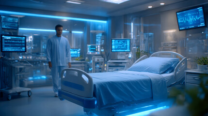 Modern healthcare technology, clean medical environment, professional using advanced equipment