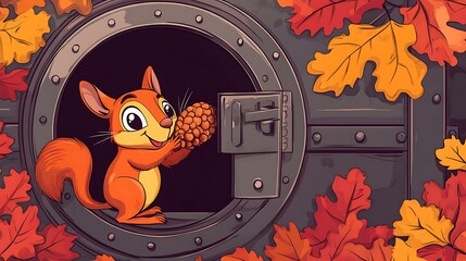 Squirrel holding nut in autumnal setting