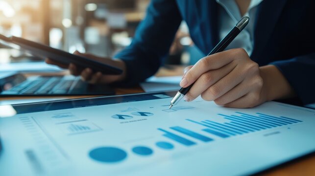 Close up, businesswoman hand using stylus pen signing on digital tablet via mobile app on office table. Graphic designer working on graphic tablet, drawing by using electronic pen - Powered by Adobe
