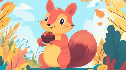 Squirrel holding nuts and berries autumn illustration