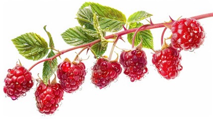  "Juicy Raspberry Branch: Fresh Berries with Dew Drops"
