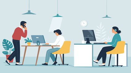 Diverse professionals collaborating and working productively in a modern, light-filled office environment. Ideal for business, technology, and team concepts.