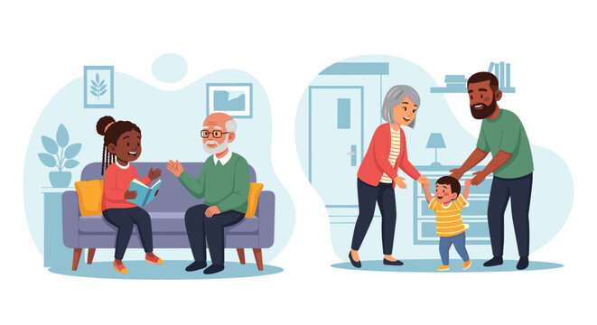 Multi-generational families engaging in supportive activities: a grandfather and girl reading, and parents helping a toddler walk. Represents love, learning, and development.