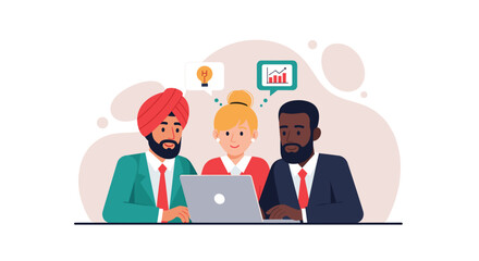 Diverse business team collaborates on a laptop, sharing ideas and analyzing data for strategic planning. Ideal for innovation, teamwork, and global business concepts.