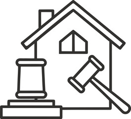 minimalist Outline Icon of a House with Auction Sign — Real Estate Bidding and Property Sale icon.
