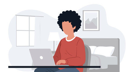 Illustration of a person with curly hair working on a laptop in a comfortable home setting. Represents remote work, online learning, or modern digital lifestyle.