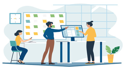 Business team collaborates on a project in a modern office, discussing data on a large screen and brainstorming ideas. Focus on teamwork and corporate success.