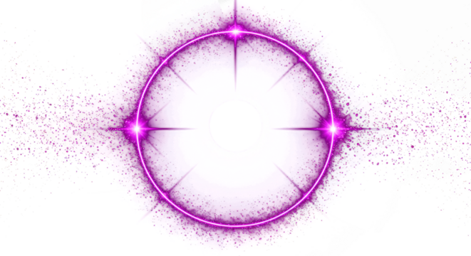 Pink Circular Round with sparkles and flares, featuring abstract luminous particles and a Purple stardust light effect on a transparent background. 