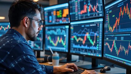 Businessman in formal attire using multiple monitors and a digital tablet to track global stock market data, representing investment strategies and financial decision-making - Powered by Adobe