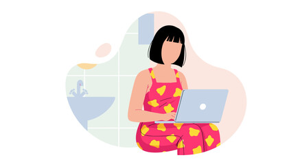 A woman in pajamas works on her laptop in a bathroom, symbolizing remote work flexibility and casual home office setups. Ideal for business, lifestyle, and modern work concepts.