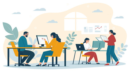Diverse team collaborating in a modern office, focusing on business tasks, data analysis, and creative projects. Ideal for corporate, teamwork, and startup concepts.