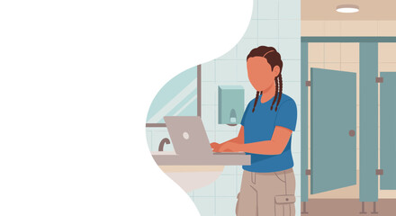 Person using laptop at a public restroom sink, illustrating remote work, on-the-go productivity, or unexpected workspace challenges.