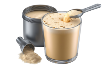 Preparation of a protein shake with scoop pouring powder into glass on transparent background