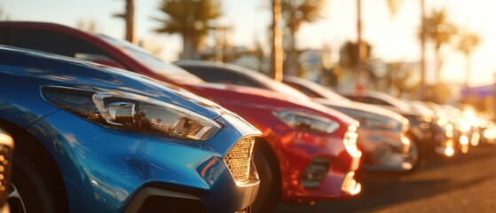 The gathering of colorful cars on a sunny urban street at sunset