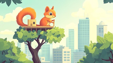 Squirrel in treehouse cityscape illustration