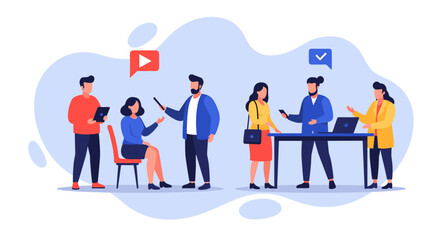 Diverse team members collaborating and communicating using digital devices in a modern business environment. Represents teamwork, innovation, and digital content creation.