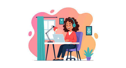 Smiling woman in headphones working remotely on laptop at her home desk, embodying productivity and modern flexible work-life balance.