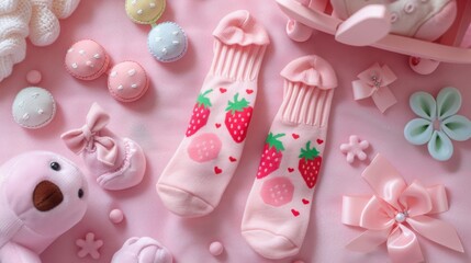 "Flatlay of Pink Strawberry Baby Socks with Pastel Accessories"