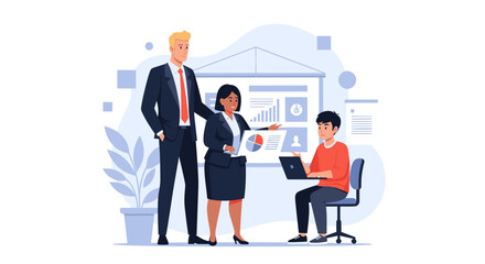 Business team collaborating on a project, analyzing data and charts during a presentation in a modern office environment. Focus on teamwork, strategy, and corporate success.