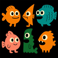 Cute Cartoon Fish Doodle Characters – Playful Ocean Animals Illustration for Kids Stickers and T-Shirts