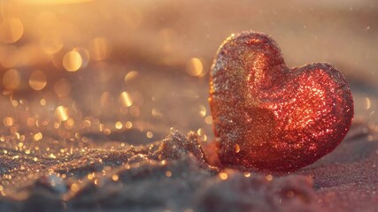 A single red heart sits atop a sandy beach, symbolizing love and affection