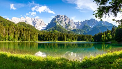 Idyllic alpine scenery reflecting on pristine lake surrounded by lush forests and mountain peaks