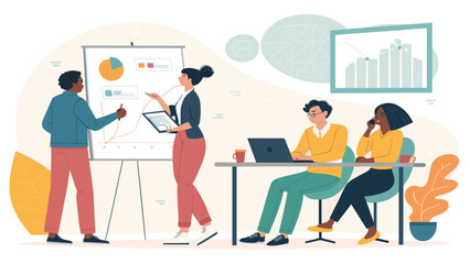 Diverse business team collaborates on a project in a modern office, analyzing data and discussing strategies. Ideal for teamwork, productivity, and professional growth.